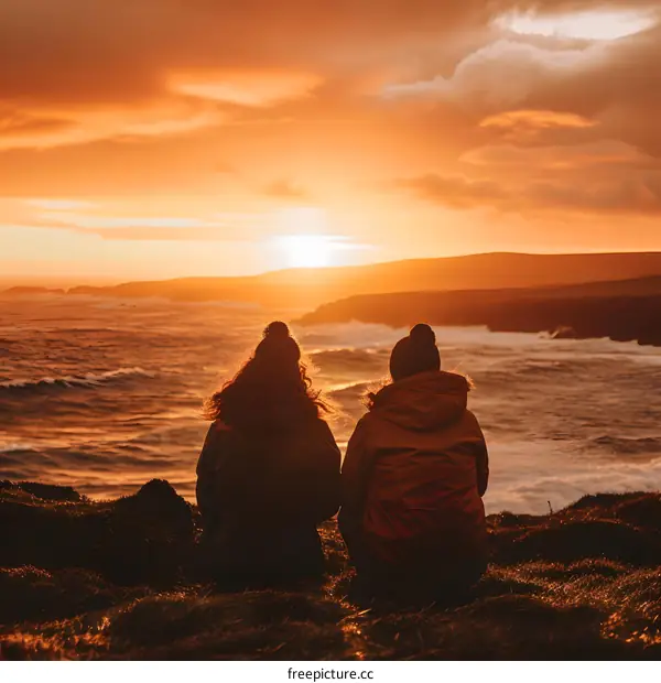 Two People Sitting on Cliff Watching Sunset Over Ocean