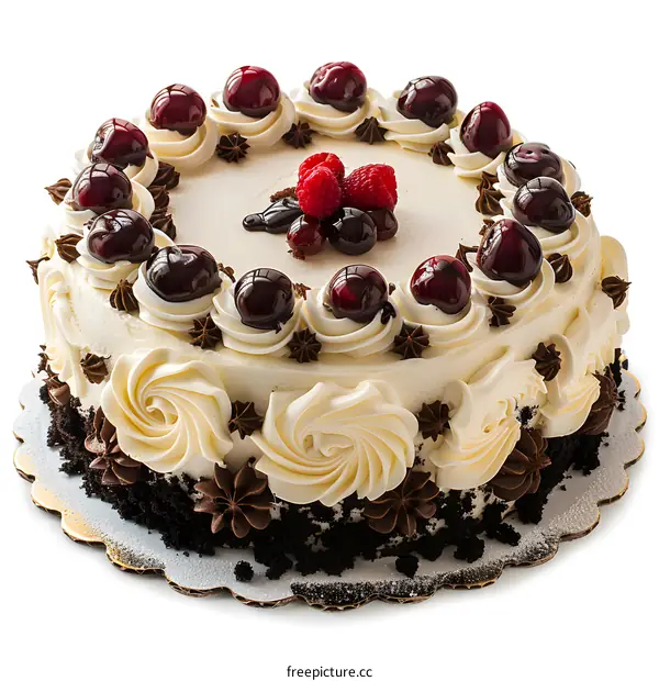A delicious cake with cherries and raspberries on top