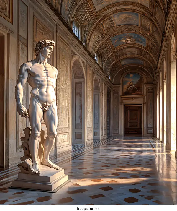 Marble Statue of David in a Long Hallway with Ornate Ceiling