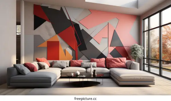 Modern living room interior with large color block accent wall and comfortable sofa