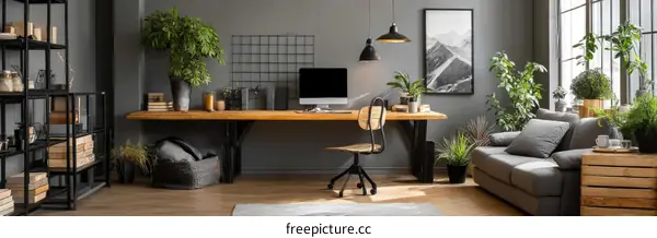 Modern Industrial Home Office with Plants
