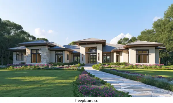 Modern luxury house exterior design with beautiful landscaping