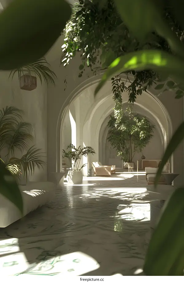 White Interior with Arched Hallway and Plants