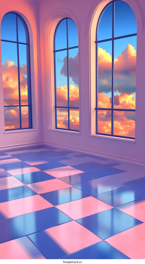 Pink and Blue Checkered Floor with Arched Windows Looking Out to the Sunset