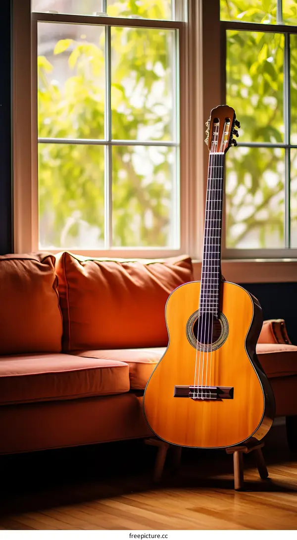 A classical guitar sits on a couch in front of a large window.