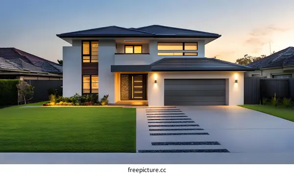 Modern Home with Green Lawn and Stone Driveway