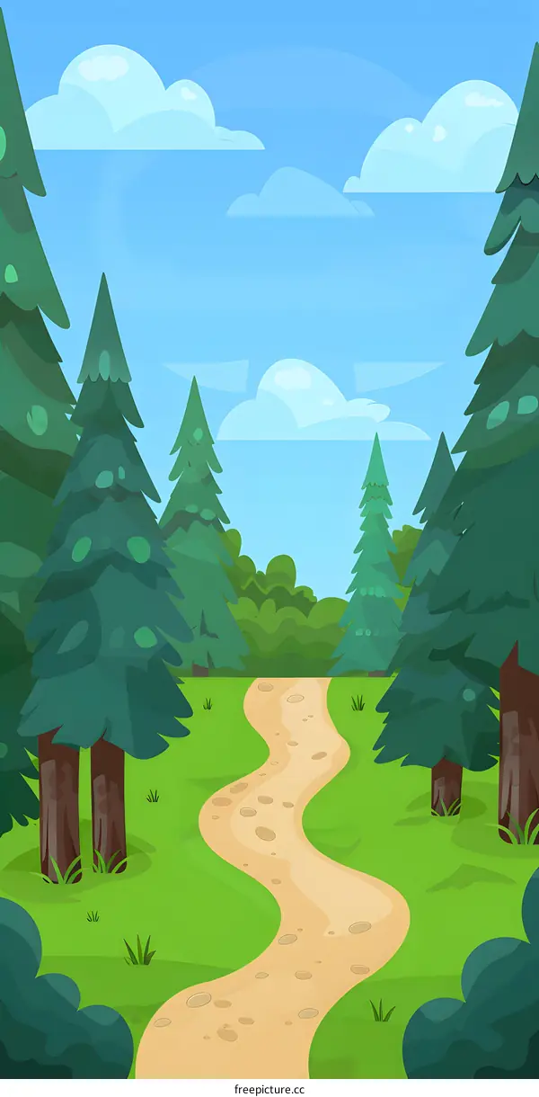 Cartoon Illustration of a Winding Path Through a Forest