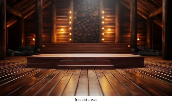 Wooden Platform in Rustic Cabin Interior