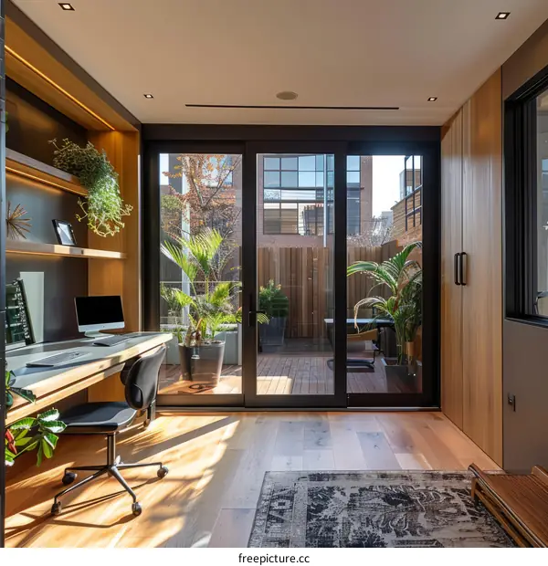 Home office with large windows and plants