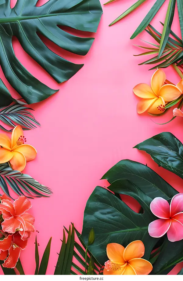 Tropical Floral Border Frame On Pink Background