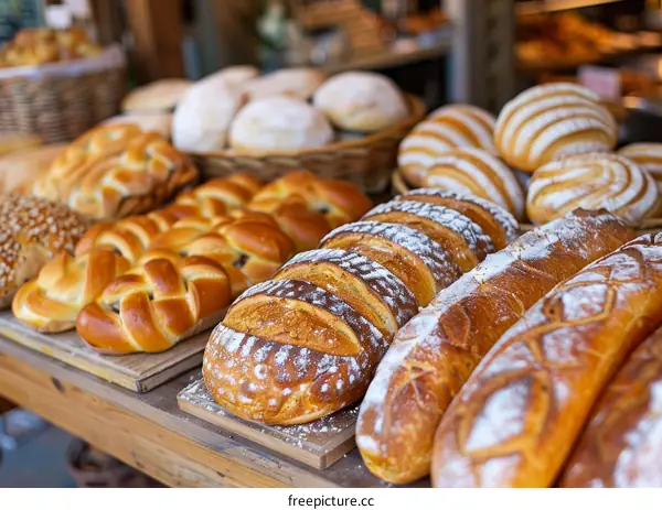 Loaf of bread and bread rolls on a wooden table