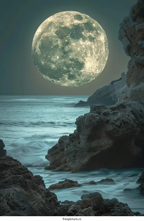 Full moon rising over a rocky coast