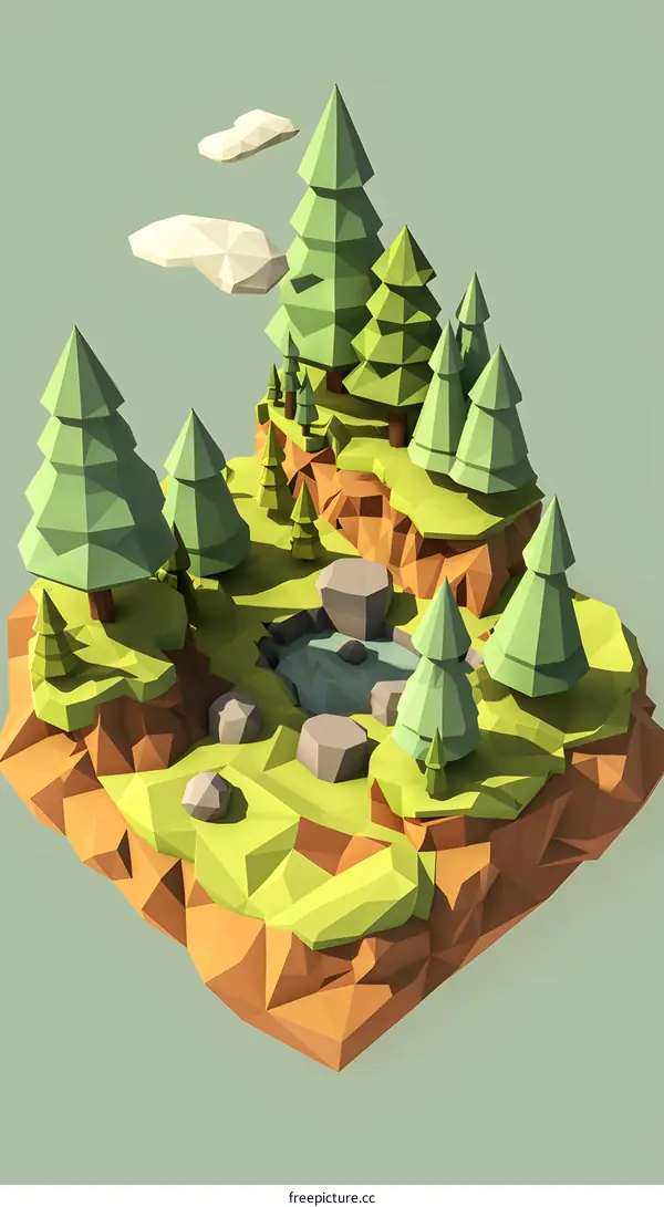 Low Poly Illustration of a Forest Scene with Trees and Clouds