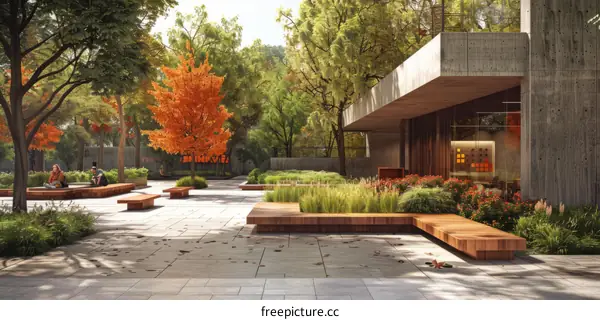 Courtyard Seating Area Surrounded by Trees and Plants
