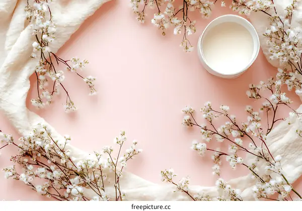 White Flowers and Candle on Pink Background