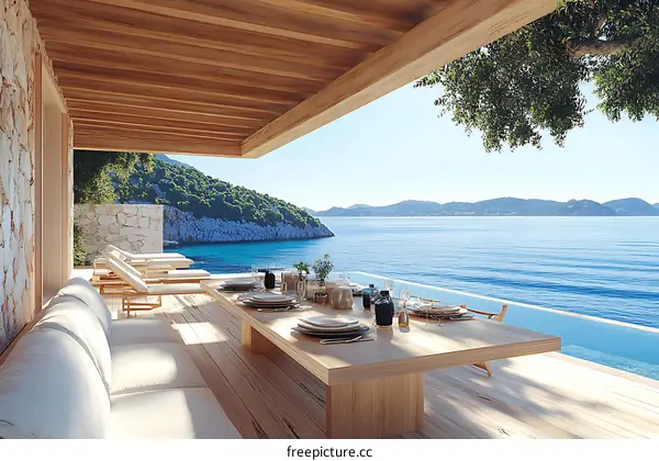 Coastal Modern Outdoor Dining Area with Ocean View
