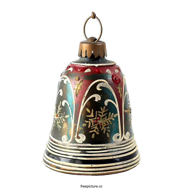 [Transparent Background PNG]Vintage Christmas Bell Ornament with Snowflake and Holly Design