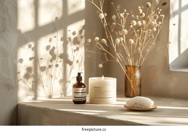 Dried flowers and a candle on the windowsill