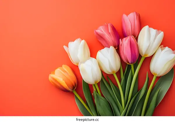 Colorful Tulips on Red Background