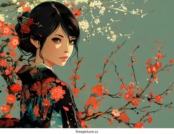 Japanese Woman in Traditional Kimono with Cherry Blossoms