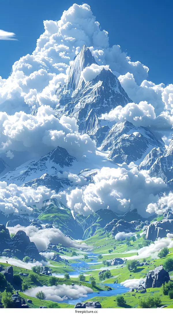 The mountain is surrounded by clouds and mist, and the valley is full of vitality