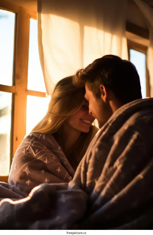 Young couple in love sitting by the window