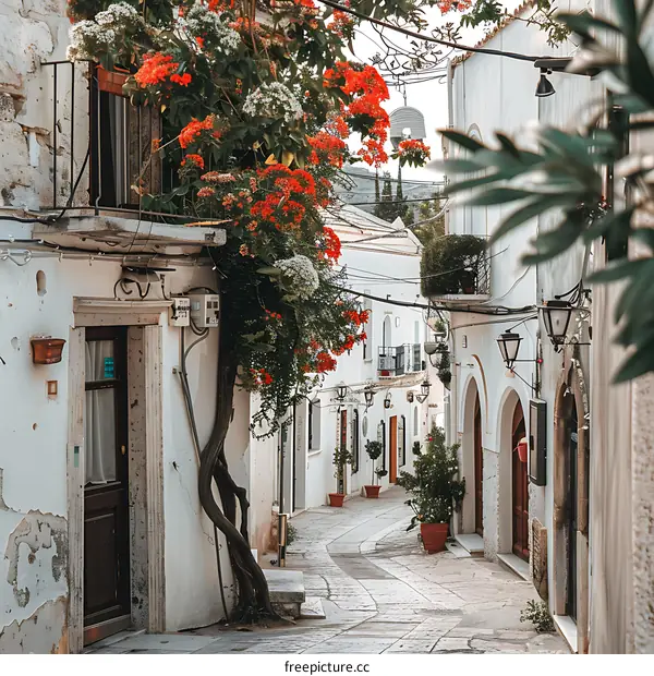 Narrow Street in an Italian Village with Red Flowers
