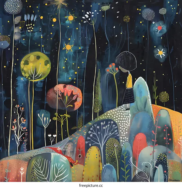 Girl Standing in a Fantasy Forest with Stars
