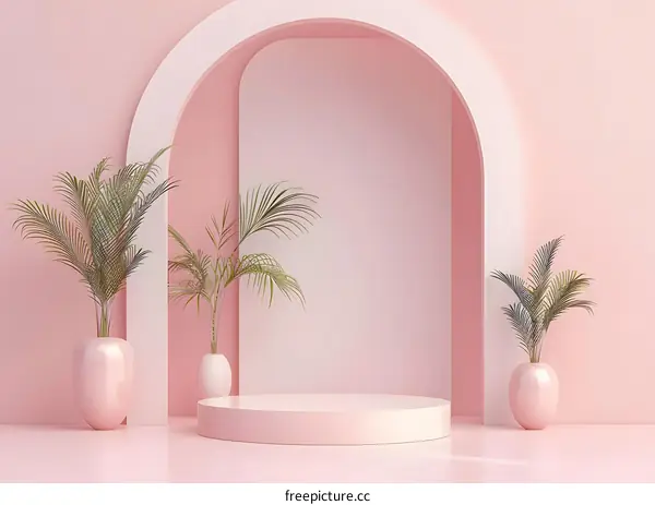 Pink Minimalist Product Display with Arch and Palm Trees