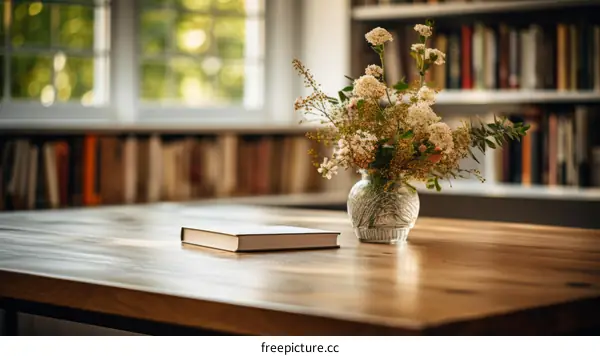 A beautiful bouquet of flowers sits on a wooden table in a home library.
