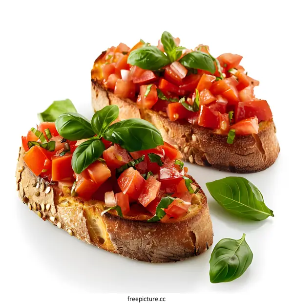 Two slices of bruschetta with tomatoes and basil on a white background