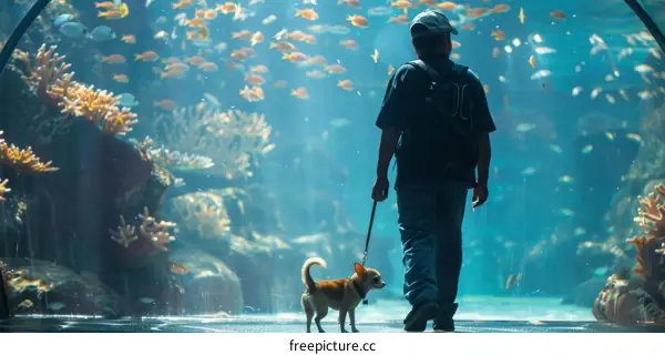 A man and his small dog walk through an aquarium tunnel