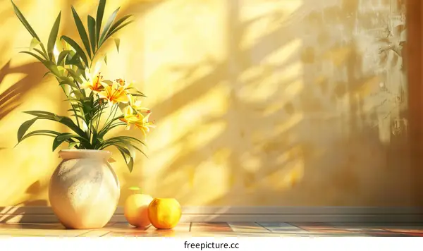Still Life with Lilies and Fruits in Yellow Vase