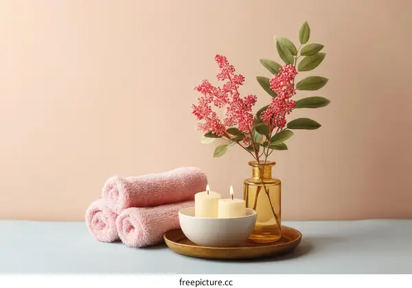 Spa Relaxation Setting with Candles and Flowers