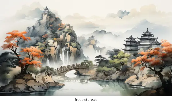 Misty Mountain Landscape with Bridge and Pavilion