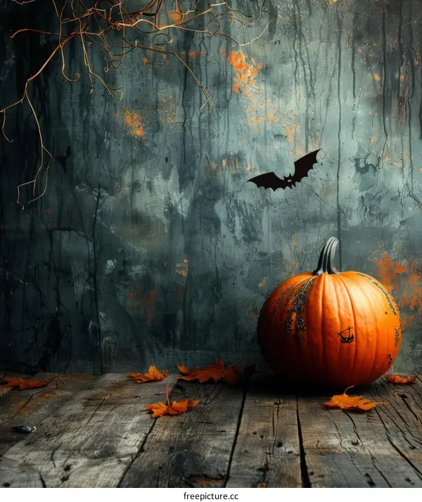 Spooky Halloween Pumpkin with a Bat on a Wooden Table