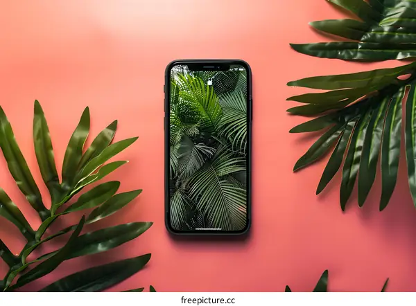 Flat Lay with Green Leaves and a Phone with a Tropical Wallpaper