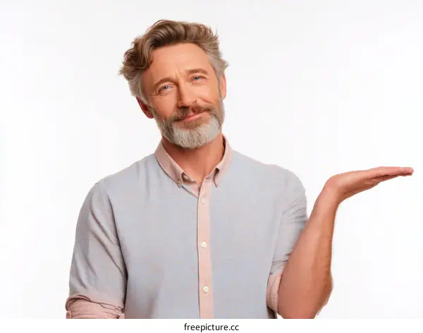 Mature Man Presenting Something with Open Hand