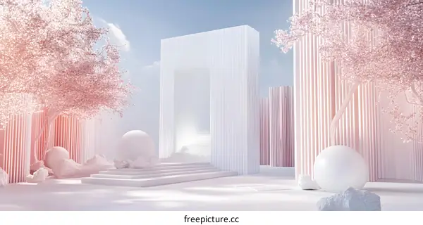 Minimalist White and Pink 3D Scene with Geometric Shapes and Trees