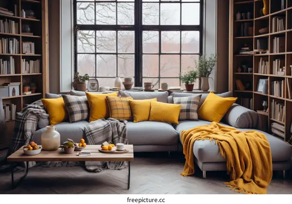 Cozy Living Room with Large Window, Gray Sofa, and Yellow Pillows