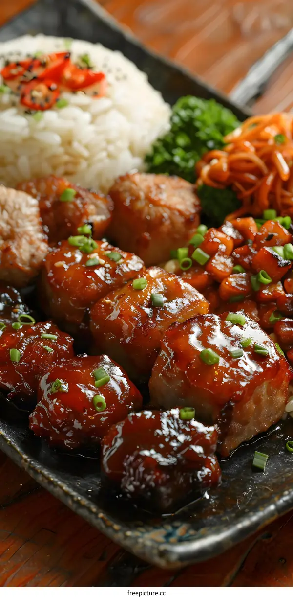 Close Up Image Of Asian Food In A Black Plate
