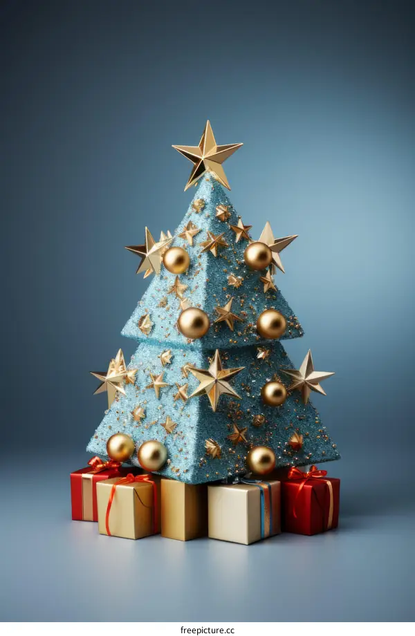 Christmas Tree Decorated with Blue and Gold Ornaments and Presents