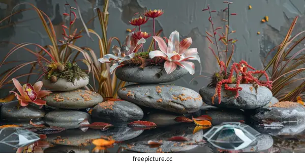 Zen Still Life: Stones and Flowers Composition
