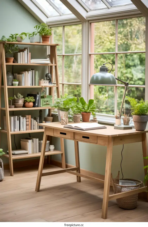 A wooden desk and a green lamp in a home office