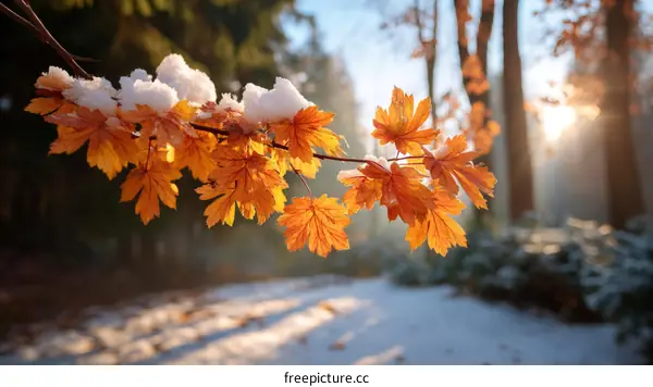 Winter Sunrise on Autumn Leaves