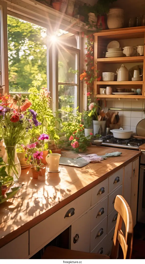 Flowers and sunlight in the kitchen