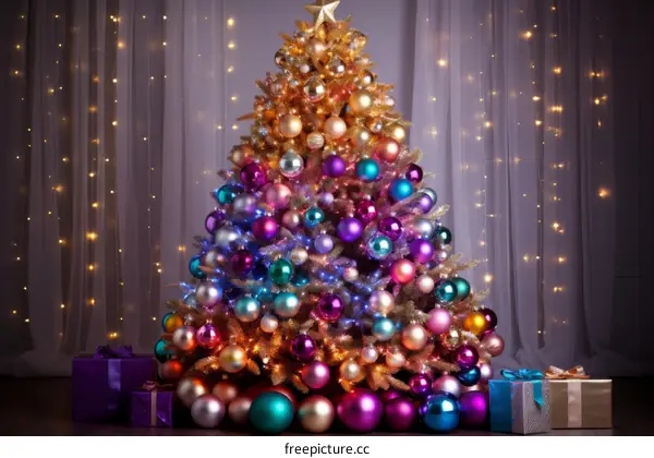 A beautiful Christmas tree decorated with gold, purple, blue, and pink ornaments and a star on top