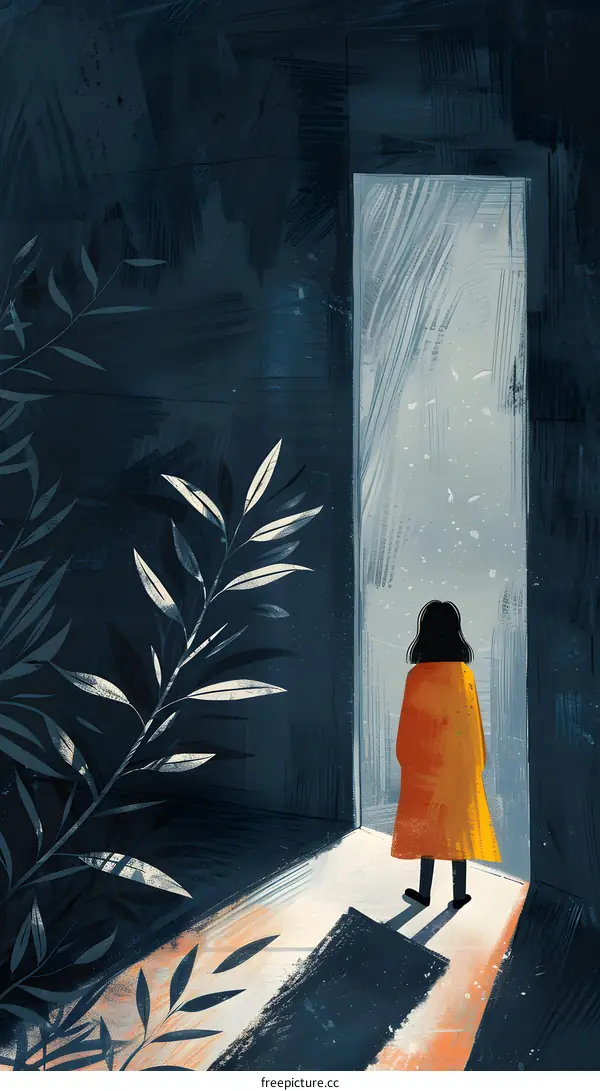 girl in yellow coat looking at the door