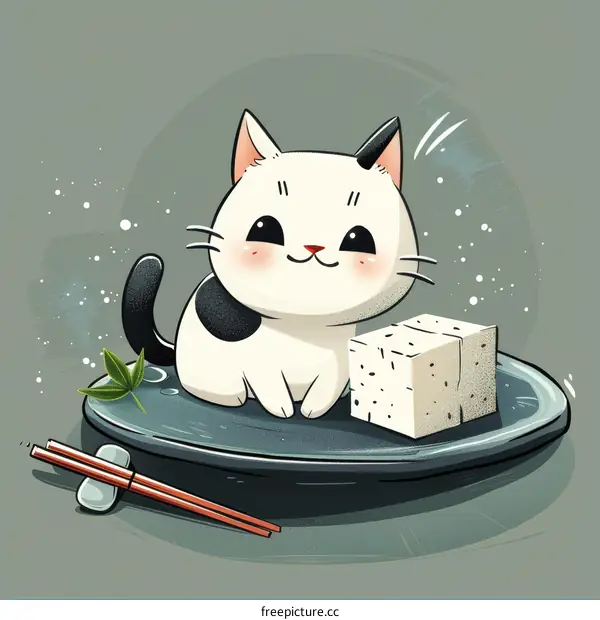 A cute cat sitting on a plate with tofu