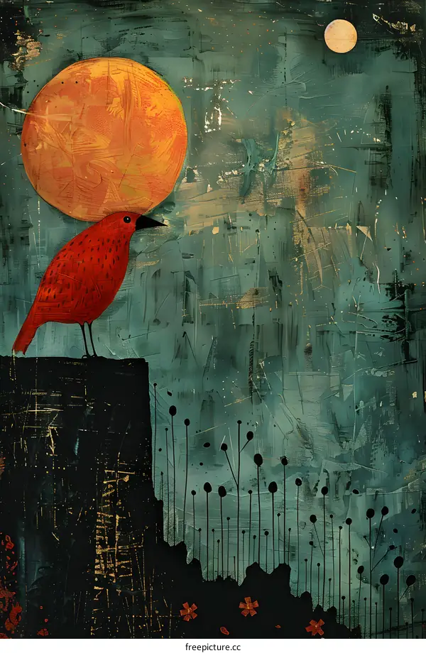 Red Bird Under a Golden Moon Illustration